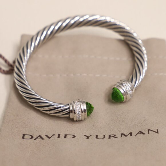 David Yurman Sterling Silver 7mm Classic Cable Bracelet Peridot with Diamonds - Picture 1 of 5
